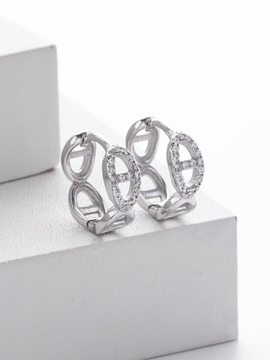 Mariner Link Huggie Style Earrings - 18k White Gold Plated Sterling Silver - Picture 2 of 7